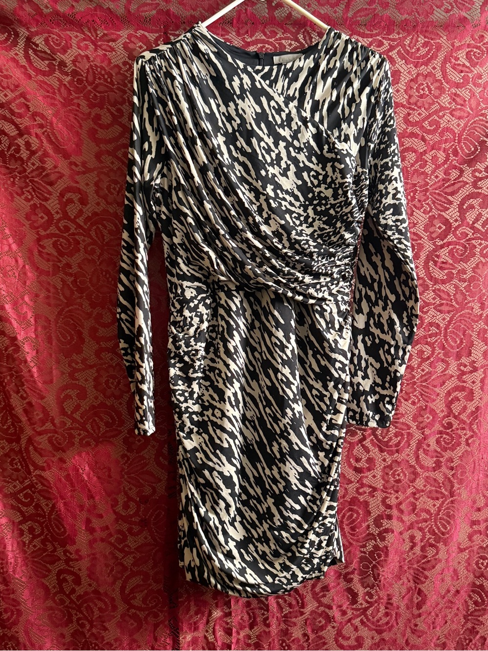 H&M Ruched Bodycon Mini Dress Black White Abstract Graphic Long Sleeve Large